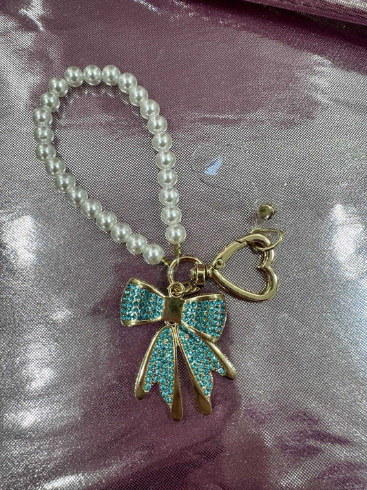 Blue Gold Diamond Bow Finger Phone Strap
