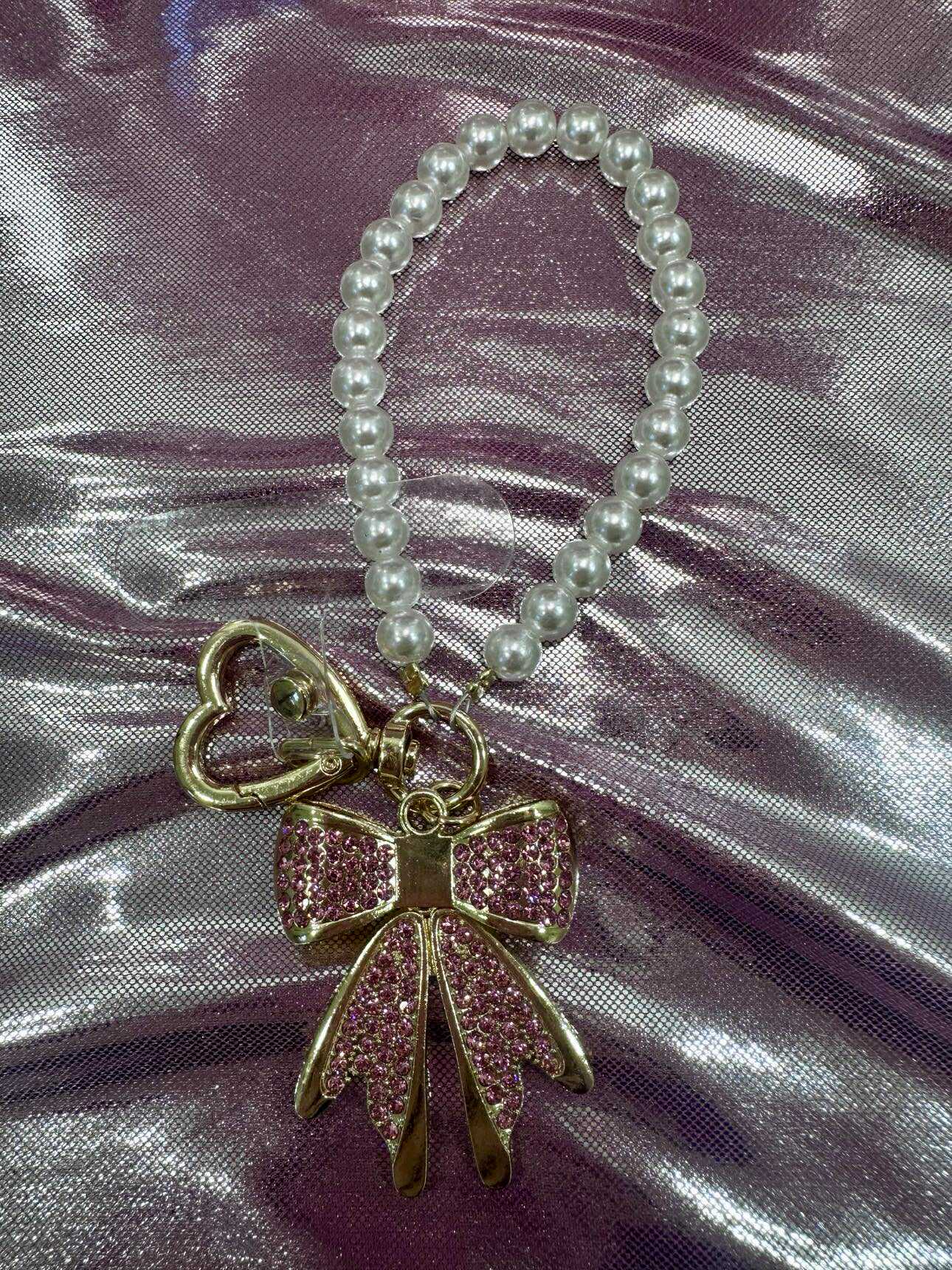 Pink Gold Diamond Bow Finger Phone Strap