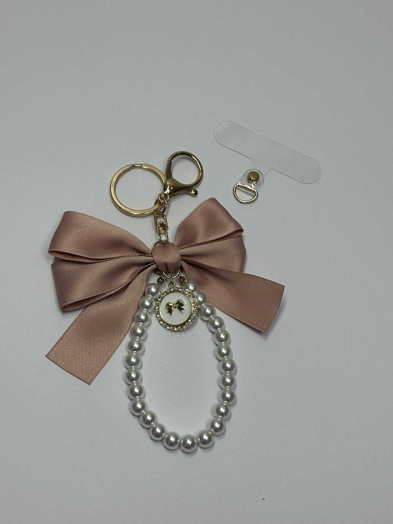 Vintage Pink Large Bow Pearl Finger Phone Strap