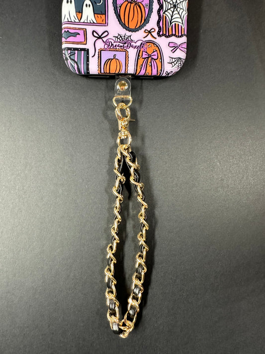 Black Gold Faux Leather Chain Wrist Phone Strap