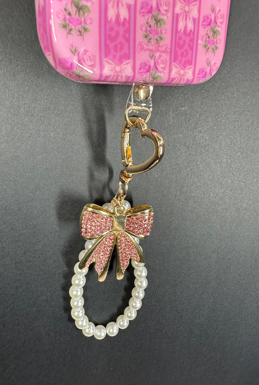 Pink Gold Diamond Bow Finger Phone Strap