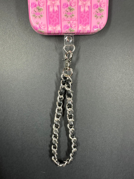 Black Silver Faux Leather Chain Wrist Phone Strap