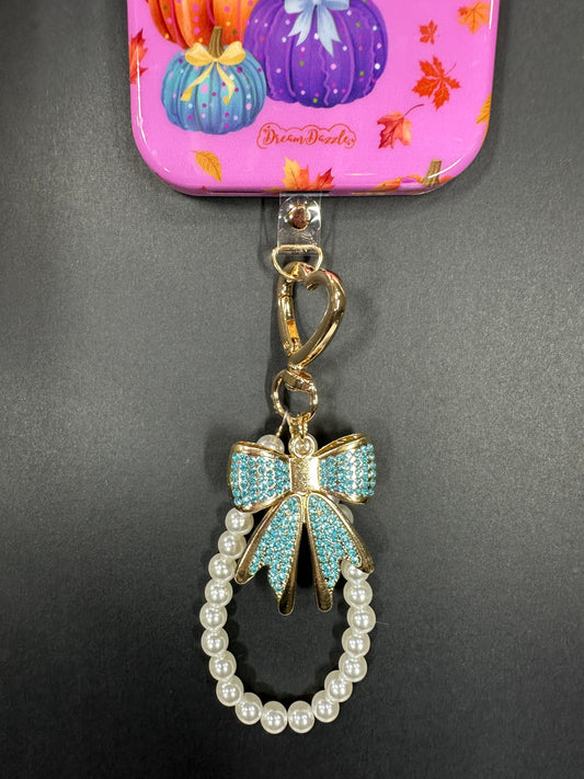 Blue Gold Diamond Bow Finger Phone Strap