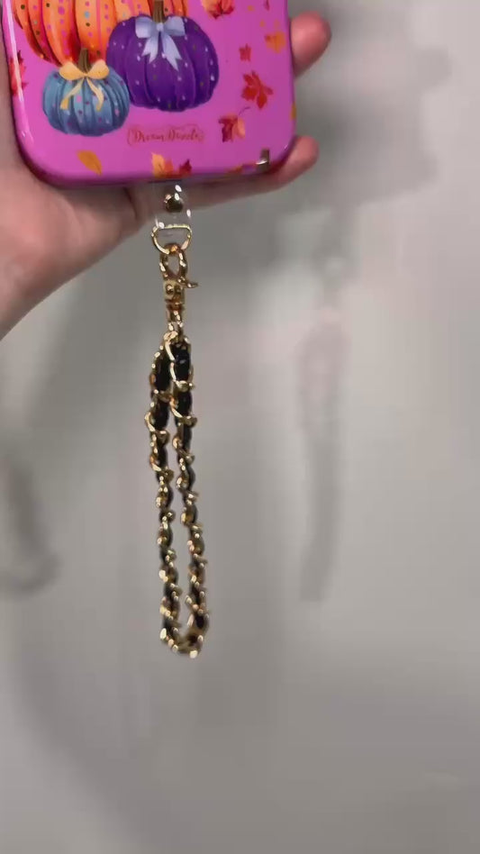 Black Gold Faux Leather Chain Wrist Phone Strap