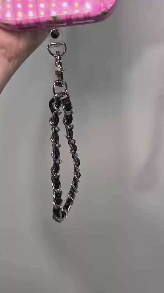 Black Silver Faux Leather Chain Wrist Phone Strap