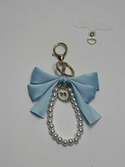 Light Blue Large Bow Pearl Finger Phone Strap