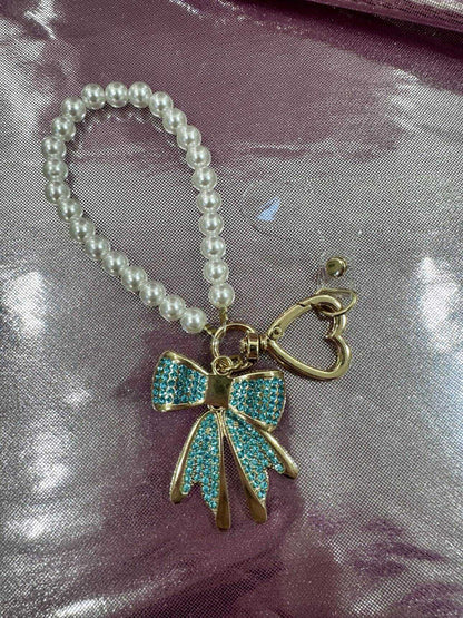 Blue Gold Diamond Bow Finger Phone Strap