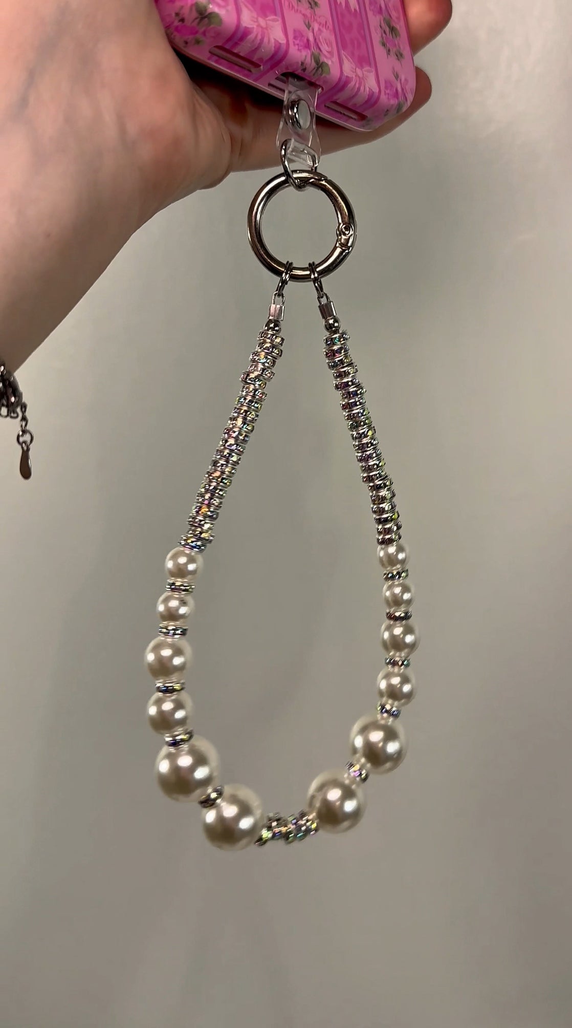 Silver Pearl Iridescent Wrist Phone Strap