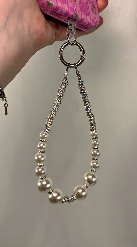 Silver Pearl Iridescent Wrist Phone Strap