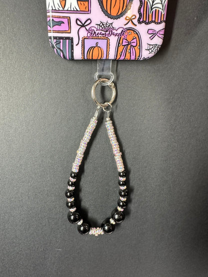 Black Rhinestone Pearl Wrist Phone Strap
