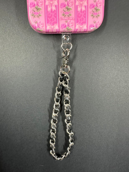 Black Silver Faux Leather Chain Wrist Phone Strap