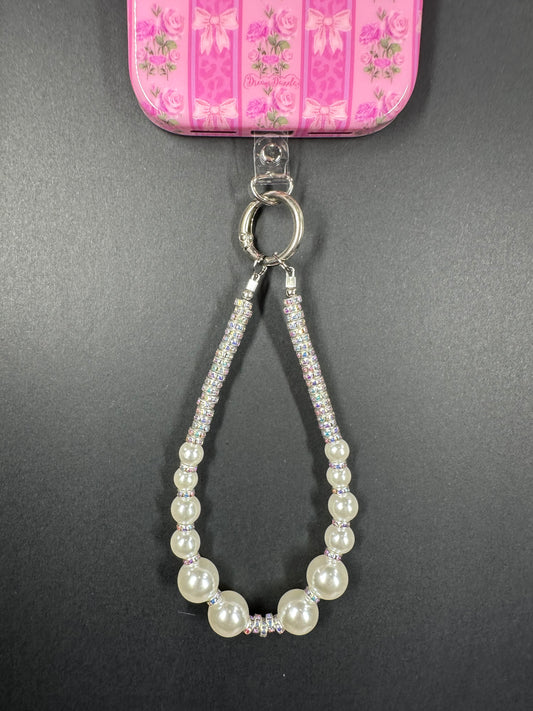 Silver Pearl Iridescent Wrist Phone Strap