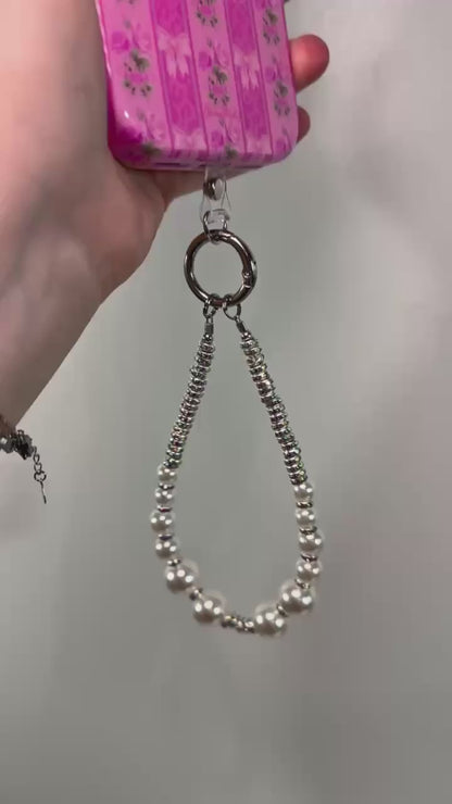Silver Pearl Iridescent Wrist Phone Strap
