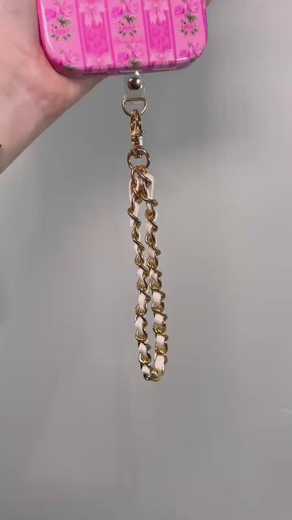 White Gold Faux Leather Chain Wrist Phone Strap